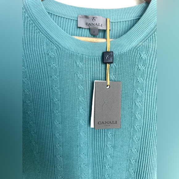 NWT Canali Cable Knit Crewneck Sweater Men’s size 46 Small Turquoise - Picture 5 of 14